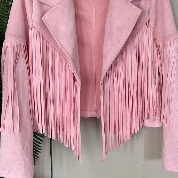 NWOT Pink Fringe Jacket Faux Suede Cropped Western Moto Tassel Cowgirl Pastel - Picture 5 of 14